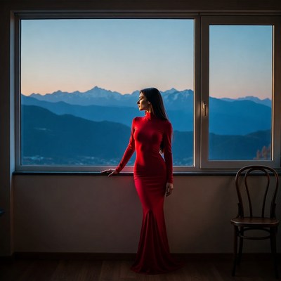 Woman in red dress by window with mountains