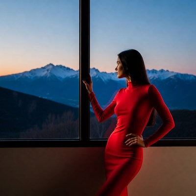 Woman in red dress gazing at snowy mountains