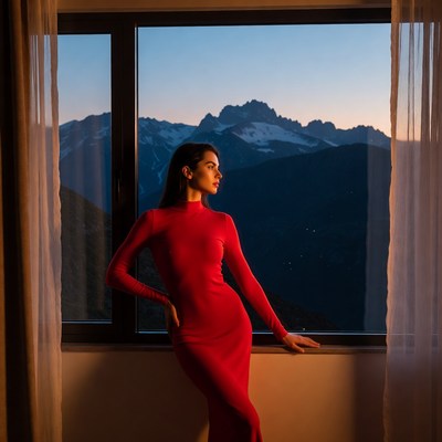 Woman in red dress by mountain sunset window