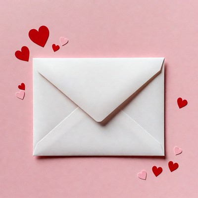 White Envelope with Hearts on Pink Background