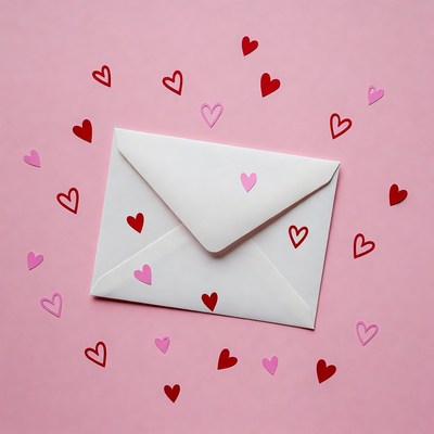 White envelope with hearts on pink background