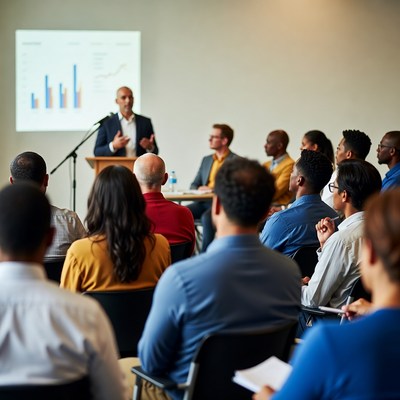 Man presenting charts to diverse audience