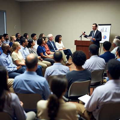 Man presenting charts to diverse audience