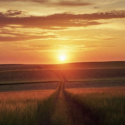 Sunset over path in wheat fields