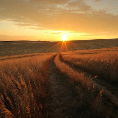 Dirt Path Through Golden Wheat Field at Sunset