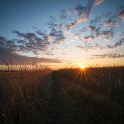 Path through golden grass at sunset