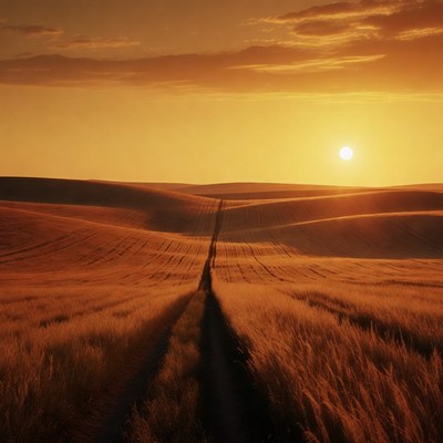 Sunset over wheat fields path