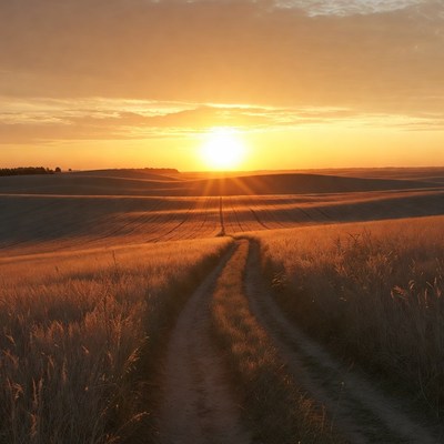 Dirt path through golden sunset fields