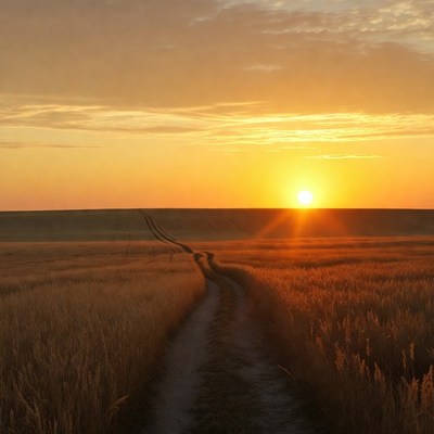 Dirt path through wheat field at sunset