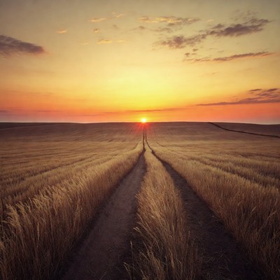 Sunset over wheat field path