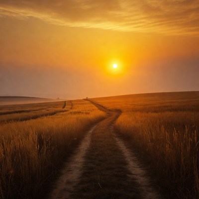 Sunset over wheat field path