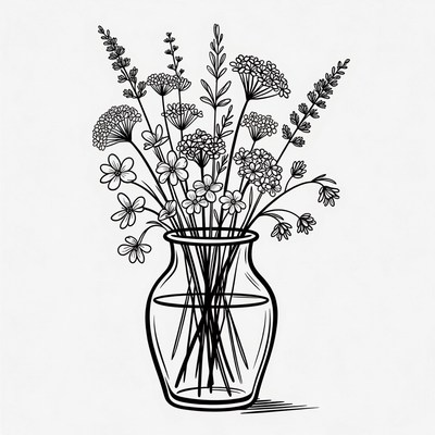 Wildflowers in Glass Vase Illustration
