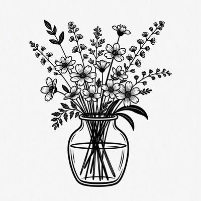 Black and White Flowers in Vase