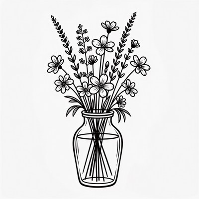 Line Art Flowers in Glass Vase