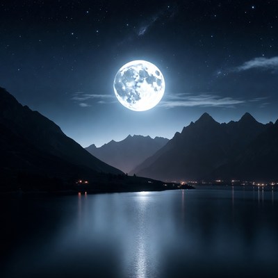 Full Moon Over Mountains and Lake