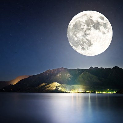 Full Moon Over Mountains and Lake