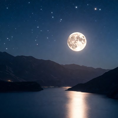 Full Moon Over Mountains and Lake
