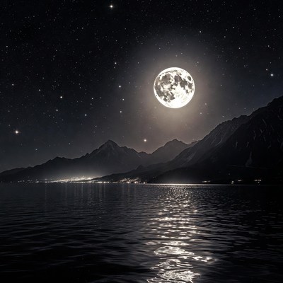 Full Moon Over Mountains and Lake