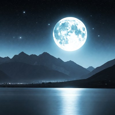 Full Moon Over Mountains and Lake