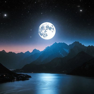 Full Moon Over Mountains and Lake
