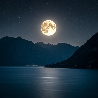 Full Moon Over Mountains and Lake