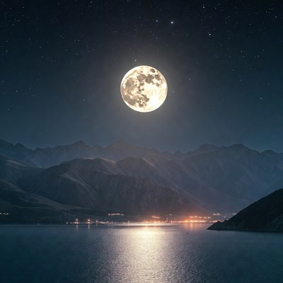 Full Moon Over Mountains and Lake