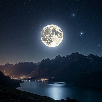 Full Moon Over Mountains and Lake