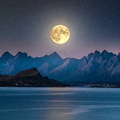 Full Moon Over Mountains and Lake