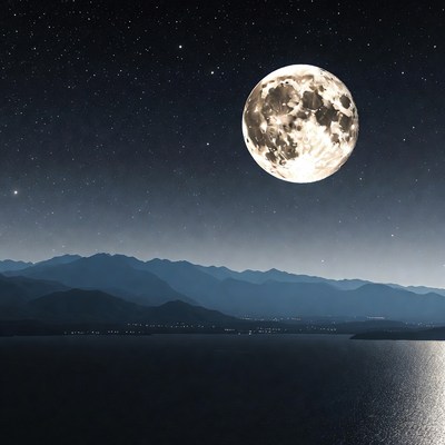 Full Moon Over Mountains and Lake