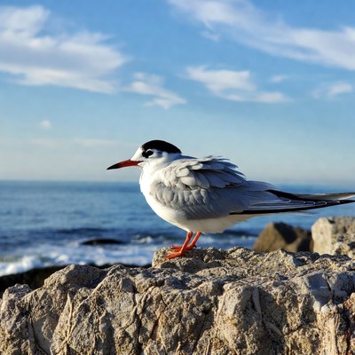 Gull standing on ocean rocks