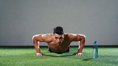 Muscular man doing pushups on turf