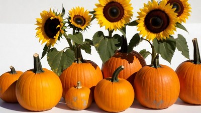 Sunflowers and Pumpkins on White Background