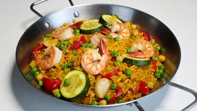 Shrimp Paella in Stainless Steel Pan