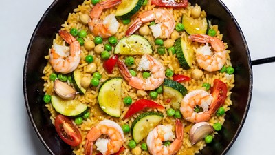 Shrimp Paella with Vegetables in Pan