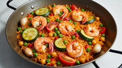 Shrimp Paella with Vegetables in Pan