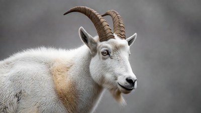 White mountain goat with curved horns