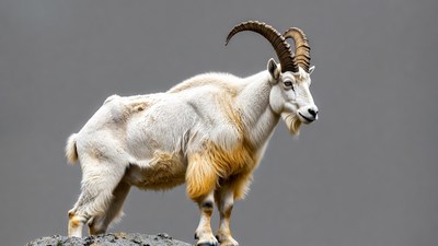 White mountain goat with large horns