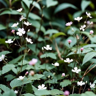 White and pink wildflowers in green foliage