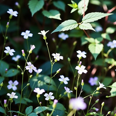 White Chickweed Flowers in Green Leaves