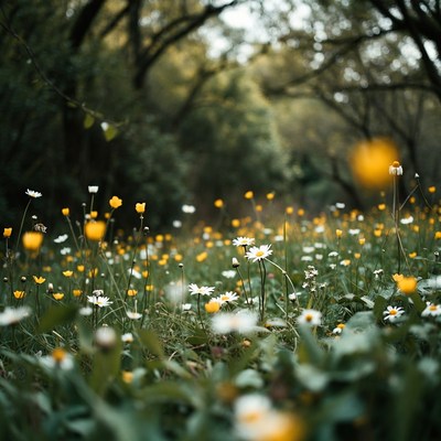 White Daisies and Yellow Flowers in Forest Meadow