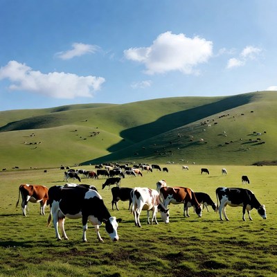 Holstein cows grazing green hills