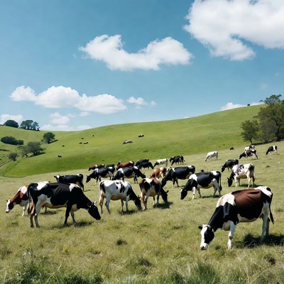 Herd of cows grazing green hillside