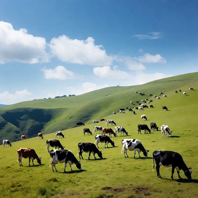 Herd of cows grazing green hillside