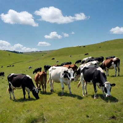 Herd of cows grazing green hillside