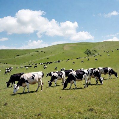 Holstein cows grazing green hillside
