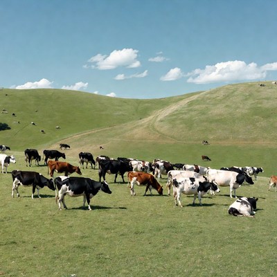 Herd of cows grazing green hills