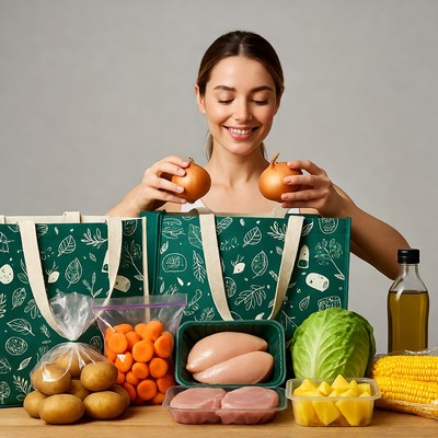 Woman holding onions with groceries