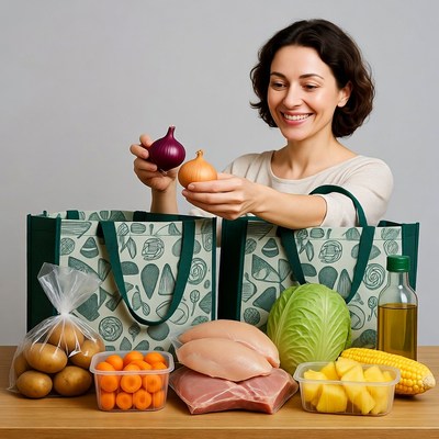 Woman holding onion with groceries
