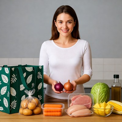 Woman holding onions with groceries