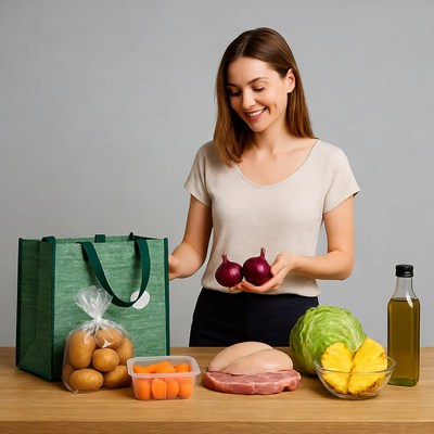 Woman holding onions with groceries